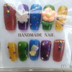 Handmade Colorful 3D Floral & Gem Press-On Nail Set